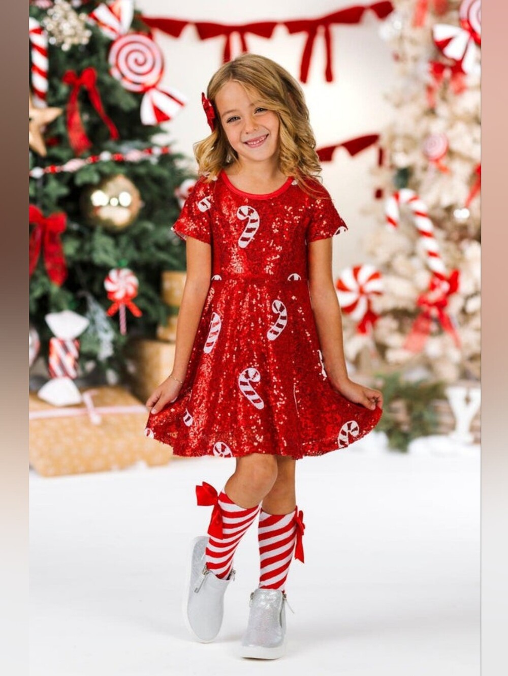 7/6/9. Sparkle In Pink Girls Red Sequin Candy Cane Dress